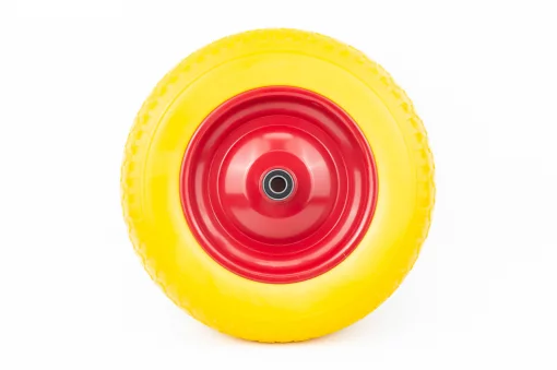 Колесо на тачку "ПІНОПОЛІУРЕТАН" 3,50-8, пром-підшипники під вісь 16мм, жовто-червоне (низької якості), ШИНИ, YQ-303543