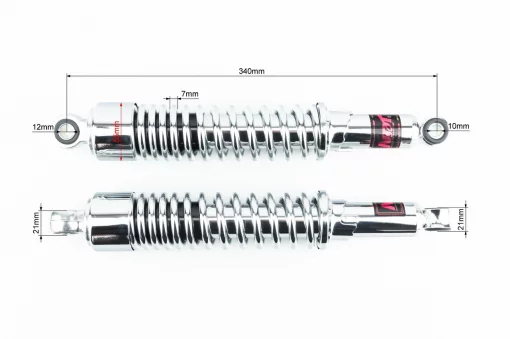 Амортизатор задній JH/CB/CG-340мм*d-55мм (втулка 12мм / втулка 10мм) стакан, регул., хром к-кт 2шт, ЗЧ-МОТО, YQ-318492