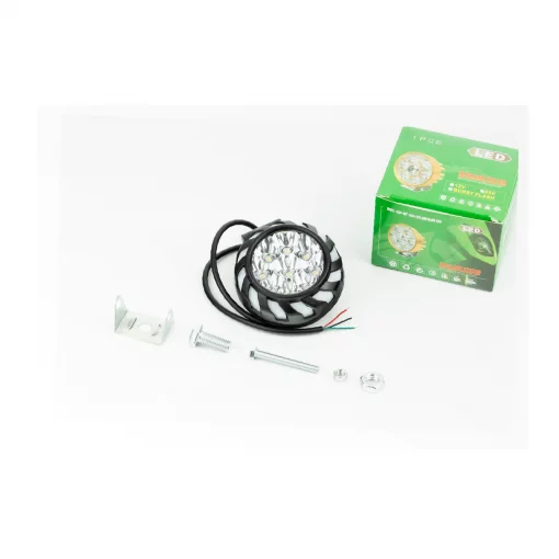 Фара дополнительная светодиодная влагозащитная-9 LED с креплением, 70мм с стробоскопом и разноцветной подсветкой, чёрный бортик,