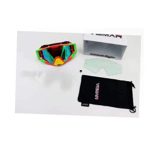 Окуляри кросові/ендуро/АТV зі змінним склом, покриття Anti-Fog+захисні плівки 3шт+набір для догляду, оранжево-салатово-жовті