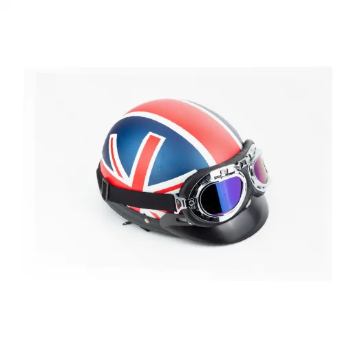Шлем-каска X8 со съёмным козырьком+очки, стекло, синий матовый с красно-белым рисунком "United Kingdom", ШОЛОМИ, YQ-360508
