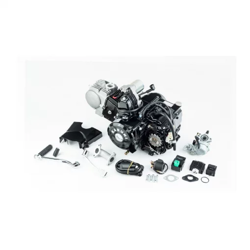 Двигун мопедний в зборі 125куб "механіка", чорний+карбюратор, комутатор, котушка запалювання, реле поворотників, стартера,