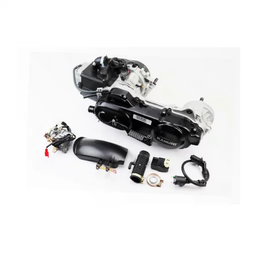 Двигатель скутерный в сборе 4Т-80куб (длинный вариатор, длинный вал)+карбюратор, коммутатор, катушка зажигания, брызговик, ДВИГУН,