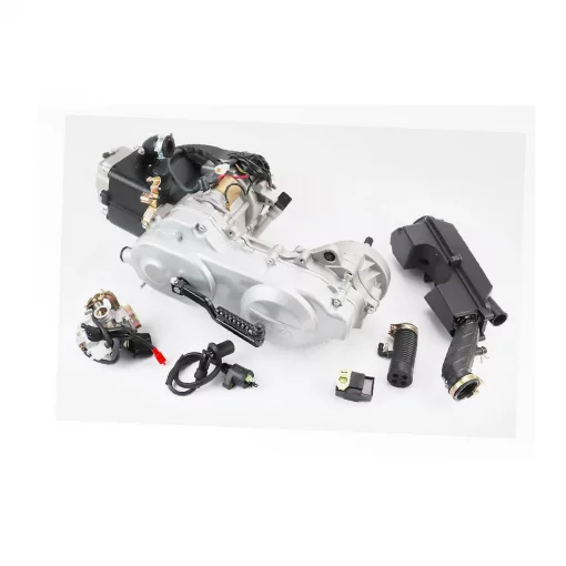 Двигатель скутерный в сборе 4Т-80куб (короткий вариатор, длинный вал)+карбюратор, коммутатор, катушка зажигания, фильтр воздушный,