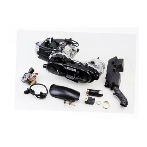 Двигатель скутерный в сборе 4Т-80куб (короткий вариатор, длинный вал)+карбюратор, коммутатор, катушка зажигания, фильтр воздушный,