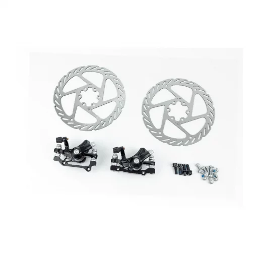 Гальмо Disk-brake переднє (F160/R140мм)+заднє (F180/R160мм), диски 160мм, кріпл. 6 болтів, чорні DX-2007, ВЕЛОЗАПЧАСТИНИ,