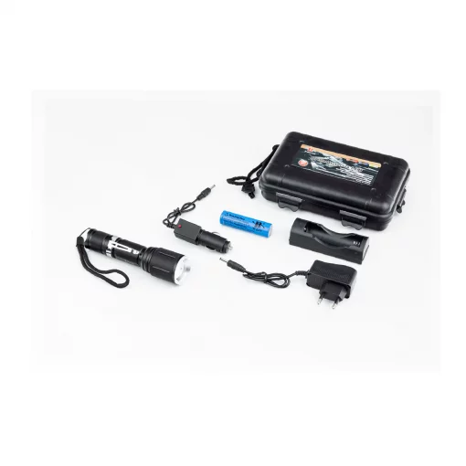 Фонарь LED Cree XML-T6 (Zoom) 700 lumen ручной, алюминиевый, АКБ Li-ion 3.7V 18650 зарядка от авто/220V, влагозащитный, чёрный