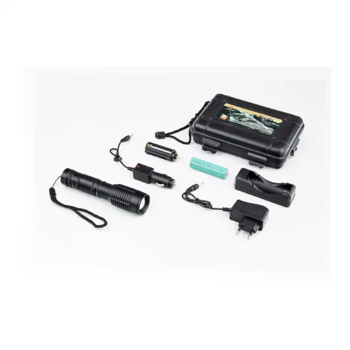 Фонарь LED Cree XML-T6 (Zoom) 700 lumen ручной, алюминиевый, АКБ Li-ion 3.7V 18650 зарядка от авто/220V, влагозащитный, чёрный