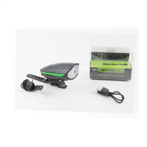 Фонарь передний 1 диод+звонок 4 мелодии, Li-ion 3.7V 1200mAh зарядка от USB, влагозащитный, чёрно-зелёный FY-058/7588,