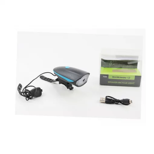 Фонарь передний 1 диод+звонок 4 мелодии, Li-ion 3.7V 1200mAh зарядка от USB, влагозащитный, чёрно-синий FY-058/7588,