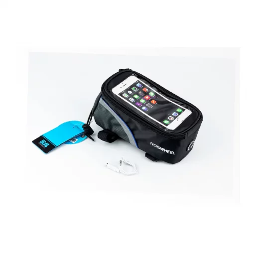Сумка на раму с отделением для смартфона 175х90х90мм, светоотражающие полосы, крепл. на липучке, влагозащитная, чёрно-серо-синяя,