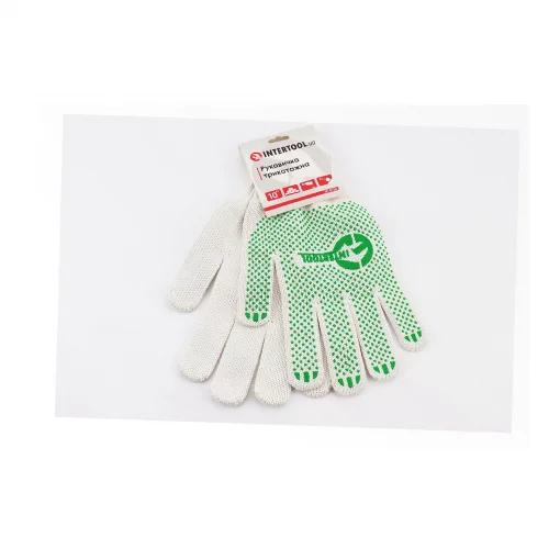 Перчатки рабочие 60% хлопок/40% полиэстер 10", класс вязки 7, белые зелёная ПВХ точка (SP-0126), Витратні матеріали, YQ-703213