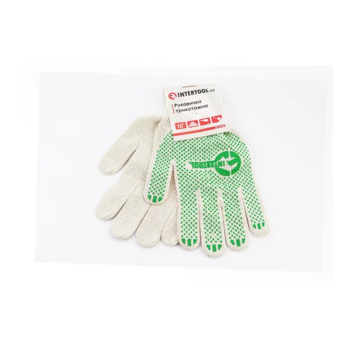 Перчатки рабочие 70% хлопок/30% полиэстер 10", класс вязки 10, белые зелёная ПВХ точка (SP-0133), Витратні матеріали, YQ-703224